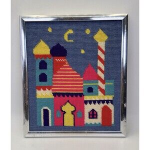 Vintage Framed Needlepoint Arabian Cityscape Wall Art Colorful  Scene 10x12